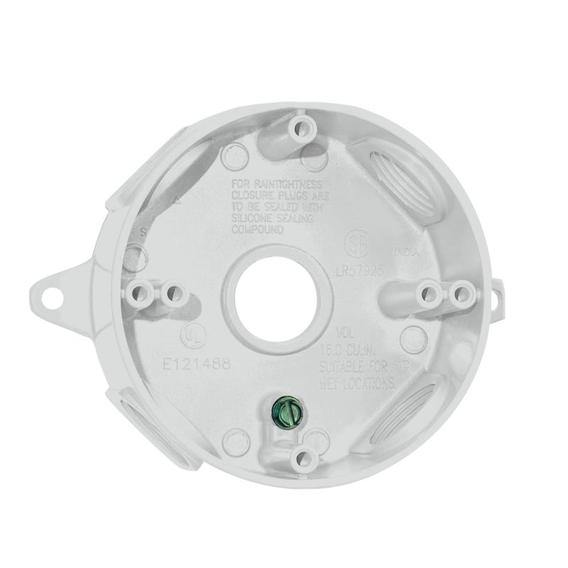 SIGMA ENGINEERED SOLUTIONS 143854 Round Metal Electrical Outlet Box, Weatherproof, Easy Mount, White, (5) 1/2-Inch Holes - Image 1